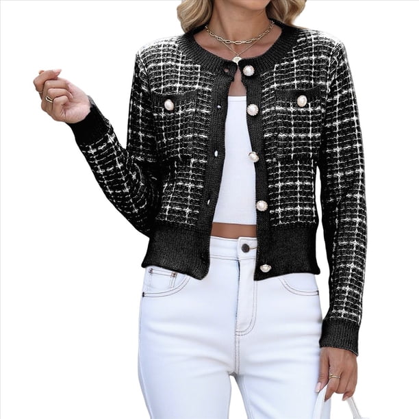 Cárdigan de Punto Texturizado de Larga con Botones y Bolsillos para Mujer Negro L