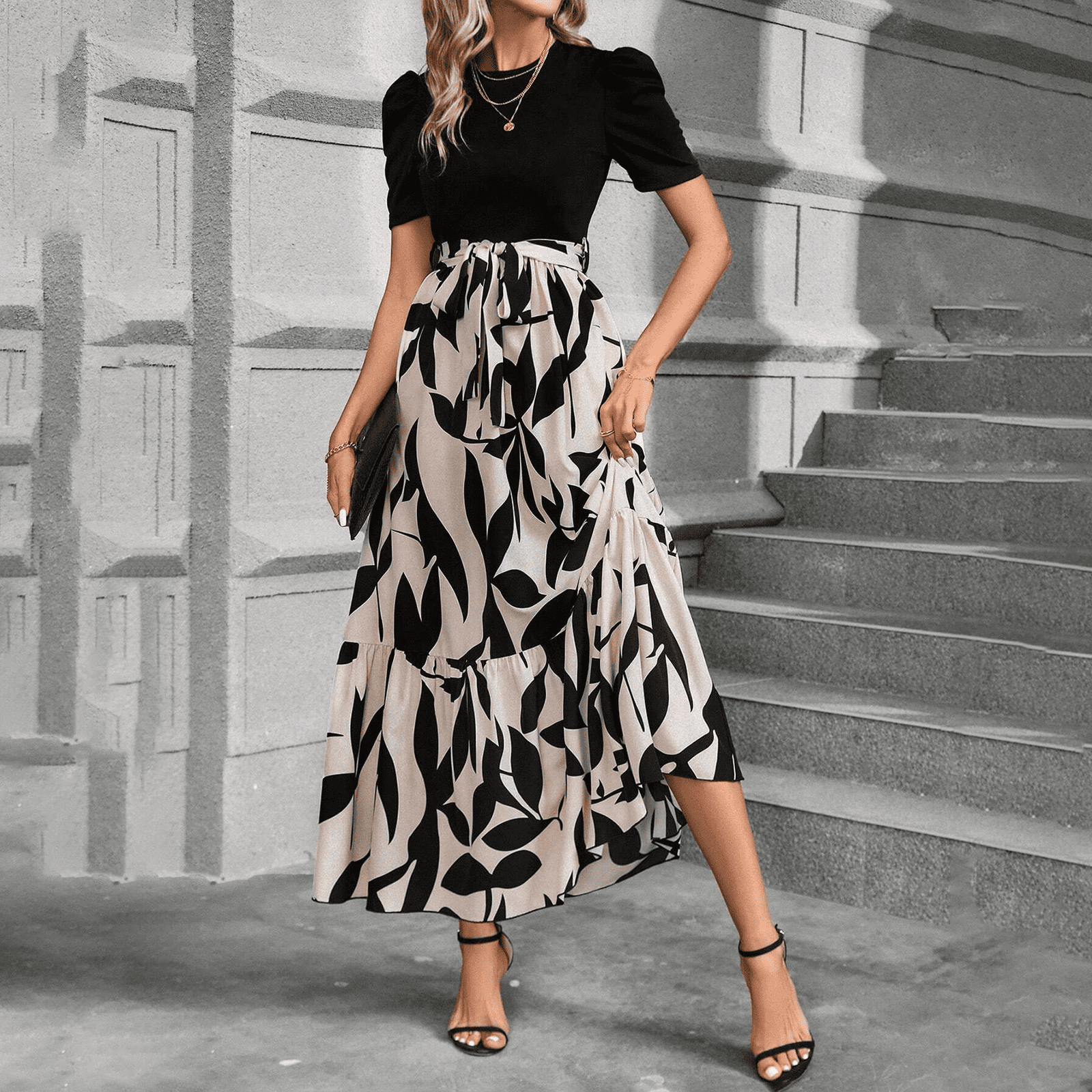 JULMCOMO Spring Dresses for Women Short Sleeve Round Neck Ribbed Teacher  Outfit Church Modest Business Dress Floral Print Comfortable Adjustable  Straps Midi Dress Light Gray L - Walmart.com