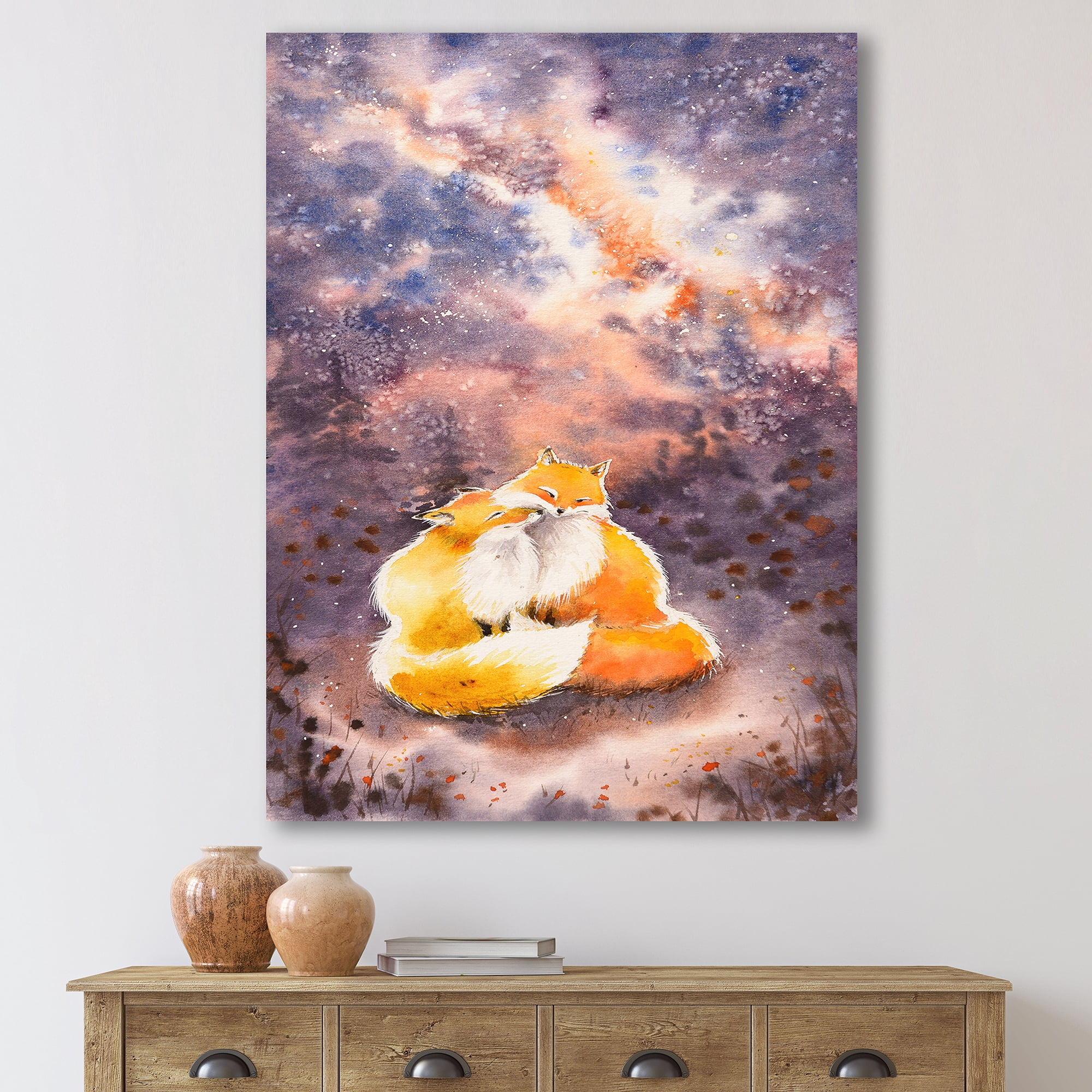 Designart ' Foxes Over A Night Sky Hugging ' Children's Art Canvas Wall Art Print