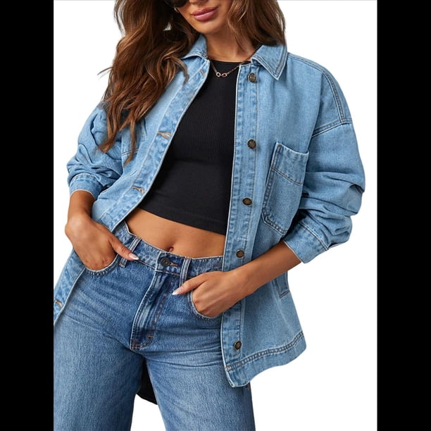 Chaqueta Vaquera para Mujer, Desgastada, de Larga, de Gran Tamaño, Estilo Camionero. Azul L