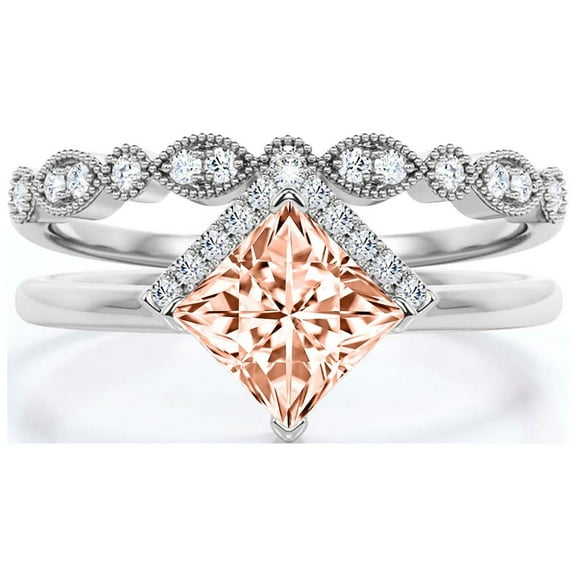 Boho & hippie 2.00 Carat Princess Cut Morganite And Diamond Moissanite Dainty Engagement Ring, Classic Wedding Ring, One Matching Band in 10k Solid White Gold, Gift For Her, Promise Ring, Bridal