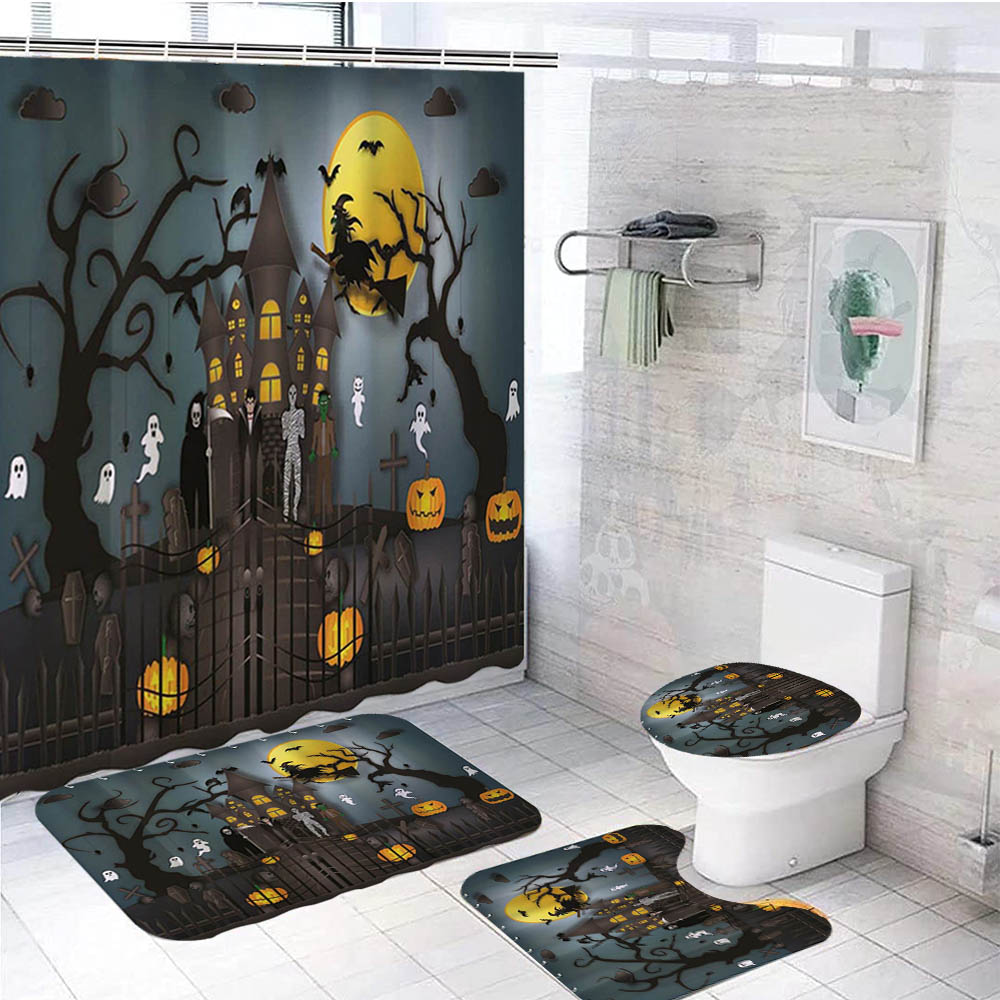Halloween Shower Curtain Set for Bathroom, 4Pcs Halloween Bathroom Sets