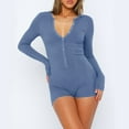 thumbnail image 2 of TMOYZQ Women's Short Onesie Pajama, Ribbed Knitted Long Sleeve V-Neck Bodycon Shorts Rompers Button-down One Piece Jumpsuit Bodysuit Overalls, 2 of 8