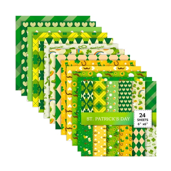 CCOCC 24 Sheets St. Patrick's Day Green Scrapbook Pattern Paper Pack,6 Inches Single-Sided Festival Celebration Decorative Craft Decoupage Paper Folded Flat for Card Making (E-style)