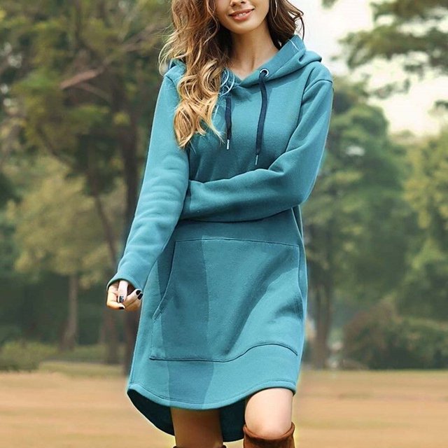 Nuevo otoño sudaderas largas de las mujeres vestidos Casual bolsillo de manga larga sudaderas con capucha suelta de gran tamaño jersey sudadera con capucha vestidopangjing