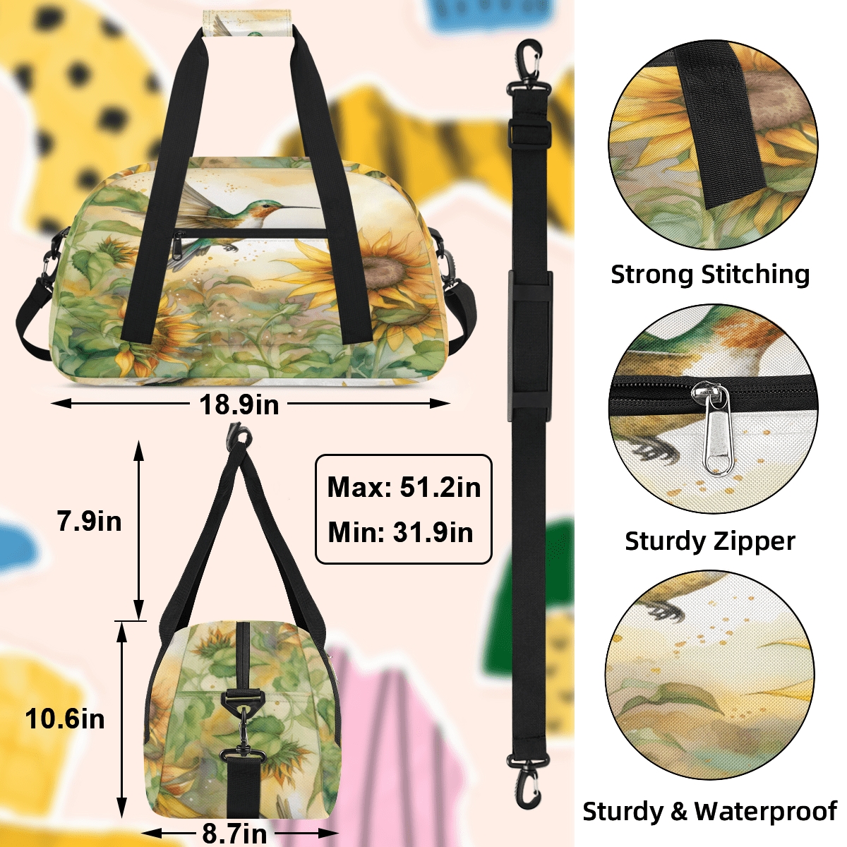 Herdesigns Sunflower Sports Duffle Bag for Women & Men, Hummingbird Gym Bag Dance Bag Overnight Bag Carry On Weekender Travel Bag
