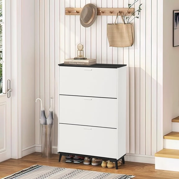 BouPower 47" Tall Wooden Shoe Cabinet with 3 Flip Drawers, Narrow Shoe Storage Unit for 18 Pairs, White Freestanding Shoe Rack Cabinet, Slim Shoe Cabinet for Entryway Hallway Closet