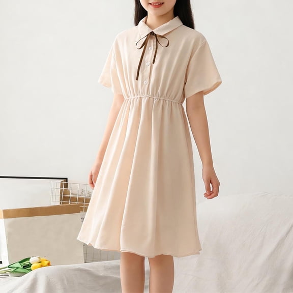 Spazoro Girls Midi Collared Dresses, School Uniform Solid Crew Neck Short Sleeve Casual Summer Dresses for Girls Beige Size 11-12