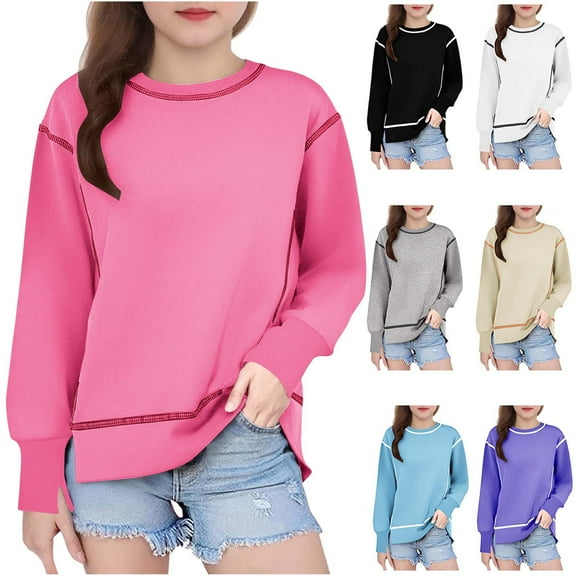 AINIYS Girls Long Sleeve Sweathirts Pullover pure color Crewneck Lightweight Casual Tops Fashion open angle hem Kids Sweatshirt Beige 6 Years
