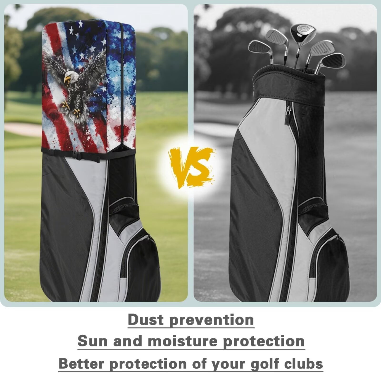 Chririnla Bald Eagle Rain Cape for Golf Bag Waterproof Dust Cover American Flag Golf Club Bags Rain Hood with Adjustable Straps Lightweight Protect from Rain Dust and Sun