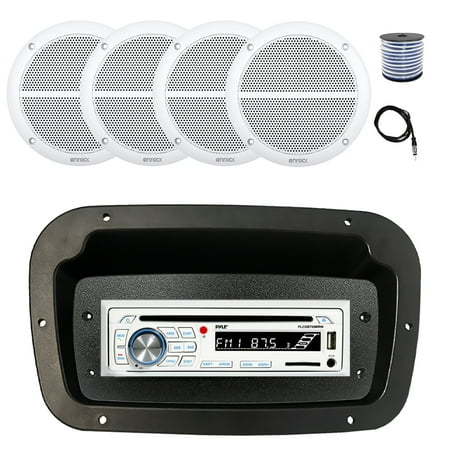 Pyle PLCDBT65 Single DIN Bluetooth Marine CD Stereo Receiver Spa bezel Adapter Plate 22 Radio Antenna Wire 4x 6.5 90 Watt Peak Power 2-Way Full Range Audio Speakers (White)
