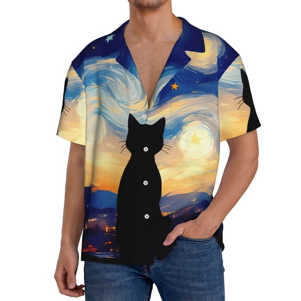 Fotbe Cat Under Starry Skies Camisa Estampada de Manga Corta para Hombre, Casual de Verano, Estilo Playero, Sin Arrugas-4X-Large