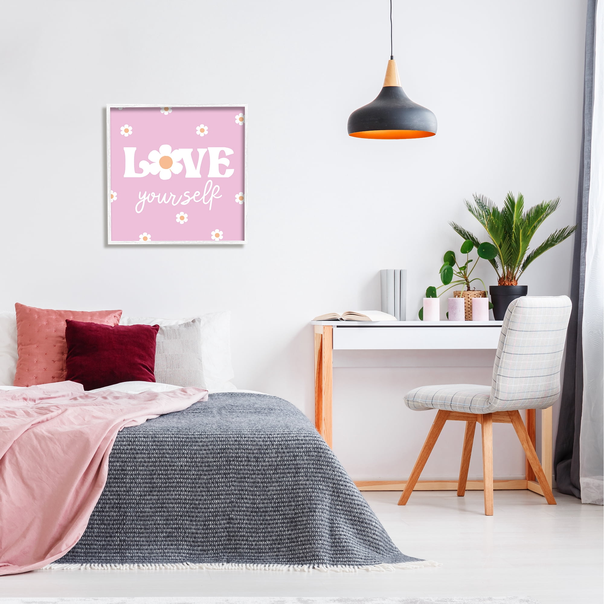 Stupell Industries Love Yourself Pink Daisies Phrase Inspirational Painting White Framed Art Print Wall Art