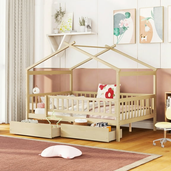 Bed Frame Full Size Wooden House Bed with Two Drawers, Natural