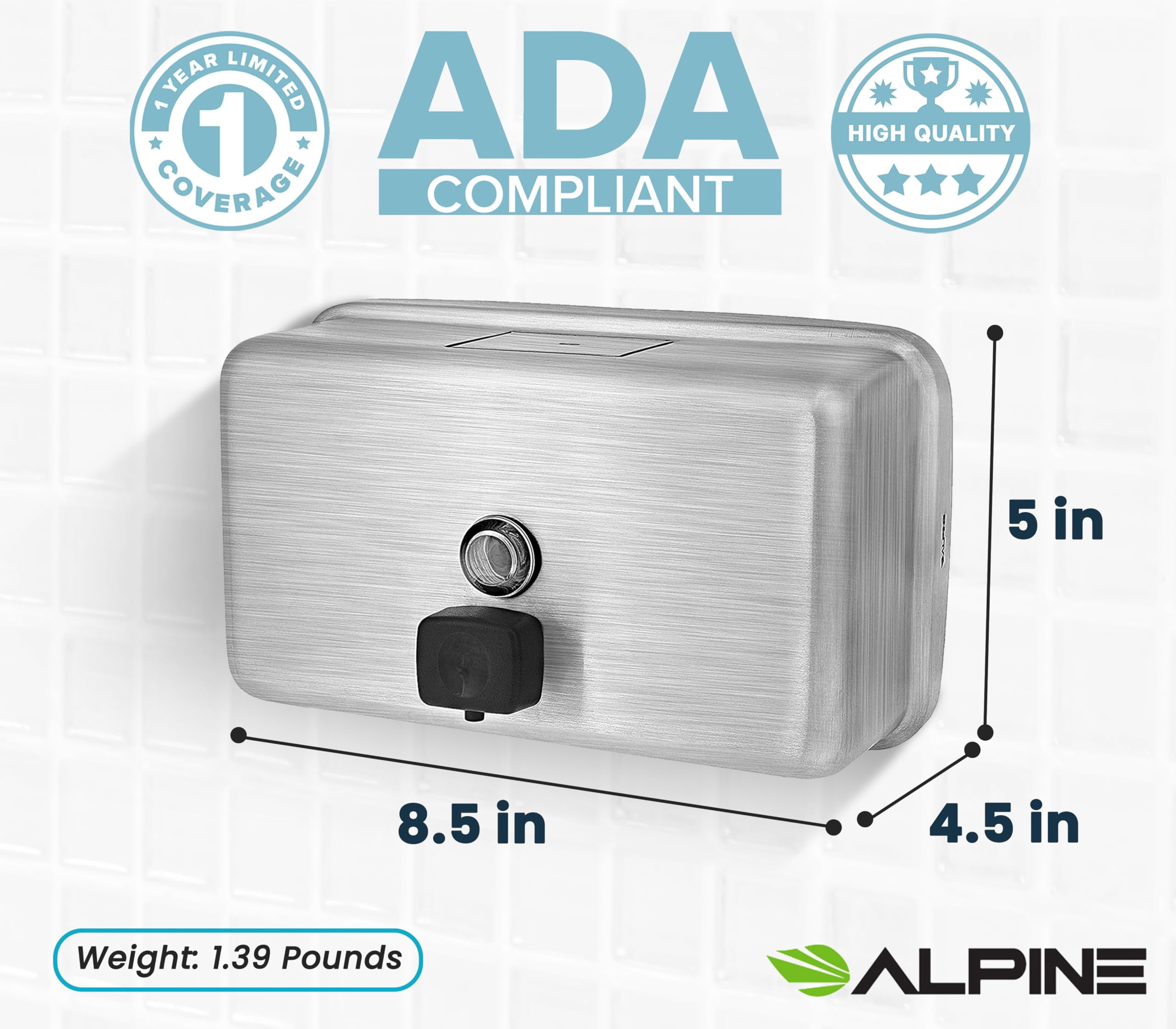 Alpine Stainless Steel Soap Dispenser Wall Mount - Commercial Liquid Soap Dispenser Perfect for Bathroom, Kitchen, Refillable 1200 ml ADA Compliant (Horizontal)