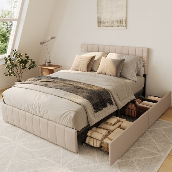 Queen Bed Frame with Storage Drawers, Jolifa Linen Upholstered Platform Bed with Adjustable Headboard, No Box Spring Needed, Beige