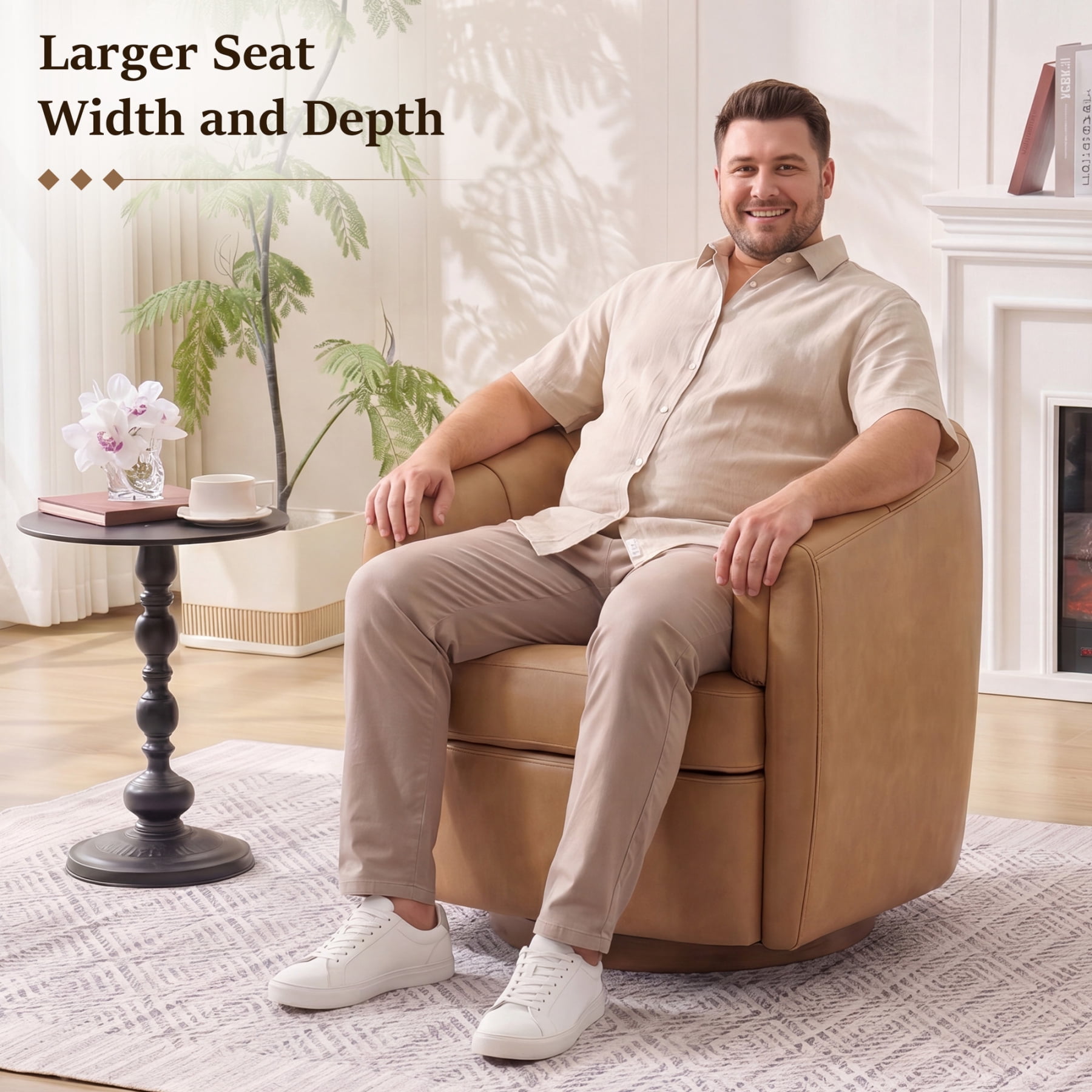 Leumius PU Leather Swivel Accent Chair, Upholstered Armchair with Solid Wood Base,Comfy Reading Chair With Curved Thickened Backrest,Camel PU