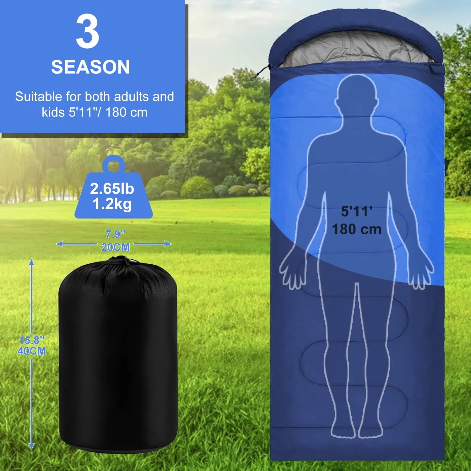 Teblint Camping Sleeping Bag for Adults Kids, Cold Weather Warm Sleeping Bag with Compression Bag for 3 Seasons, Compact Camping Essentials Gear Accessories Hiking Sleep Must Haves-Blue