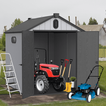 6 x 8 FT Plastic Outdoor Storage Shed with Floor, Resin Shed with Lockable Door for Garden, Backyard, Tool Storage Use, Easy to Install, Black Grey