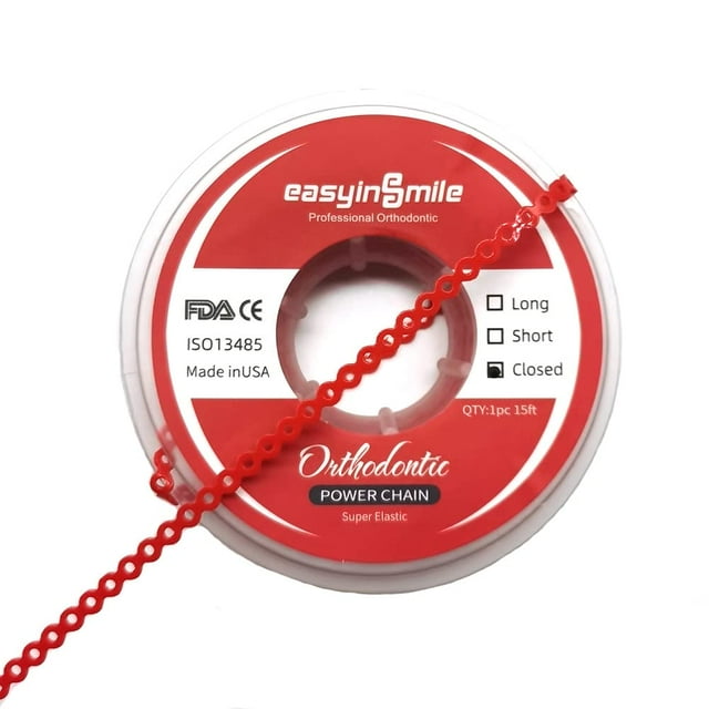 SNAWOP Dental Orthodontic Power Chain Multicolor Spool Elastic Rubber Bands for Teeth Braces (Closed, Red)