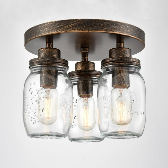 CLAXY Mason Jar Ceiling Light 3-Light Farmhouse Flush Mount Ceiling Light Fixture for Kitchen Bedroom Dining Room Black with Brushed Brass