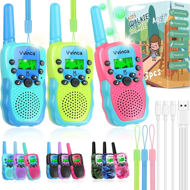 Walkie Talkies Vvinca para niños, recargables, 3 km, largo alcance, paquete de 3