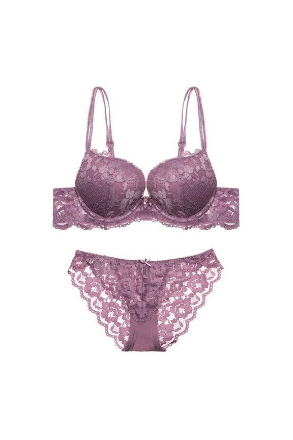 Wuffmeow Womens Lace Embroidery Push-up Bra Set Wire Free Padded Lingerie Underwear