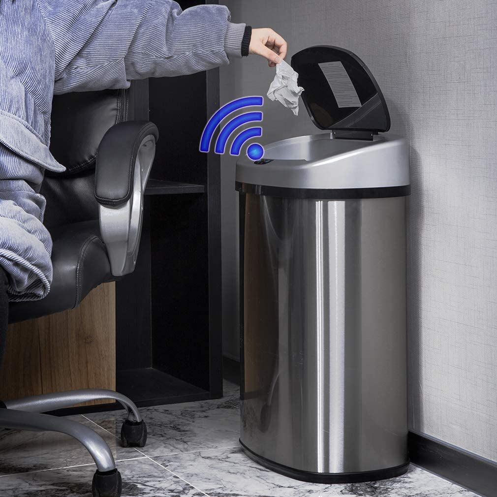 Dkelincs Automatic 13 Gallon Kitchen Can Stainless Steel Touch Free Trash Can with Lid Waste Bin for Kitchen Bathroom Bedroom Office, Powered by 4x C Batteries Trash Can