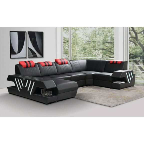 Mofit Home,Pluto Leather Sectional with Adjustable Headrest, LED Light, Storage Spaces -Top Grain Leather - Modern Design