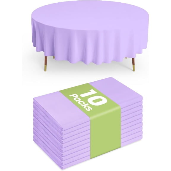 PrimeCook Shop Plastic Table Cloth Disposable 10 Pack, 84'' Round Table Cloths, Easter Party, Decorative Tablecloths, Round, Light Purple, Pastel, Plastic Cover, Leakproof & Sturdy, Lilac, Lavender