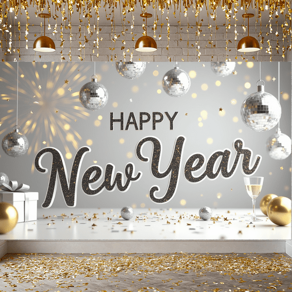 Golden Design Happy New Year Fireworks Scene Celebration Banner for New Year Party Event Outdoor Decor