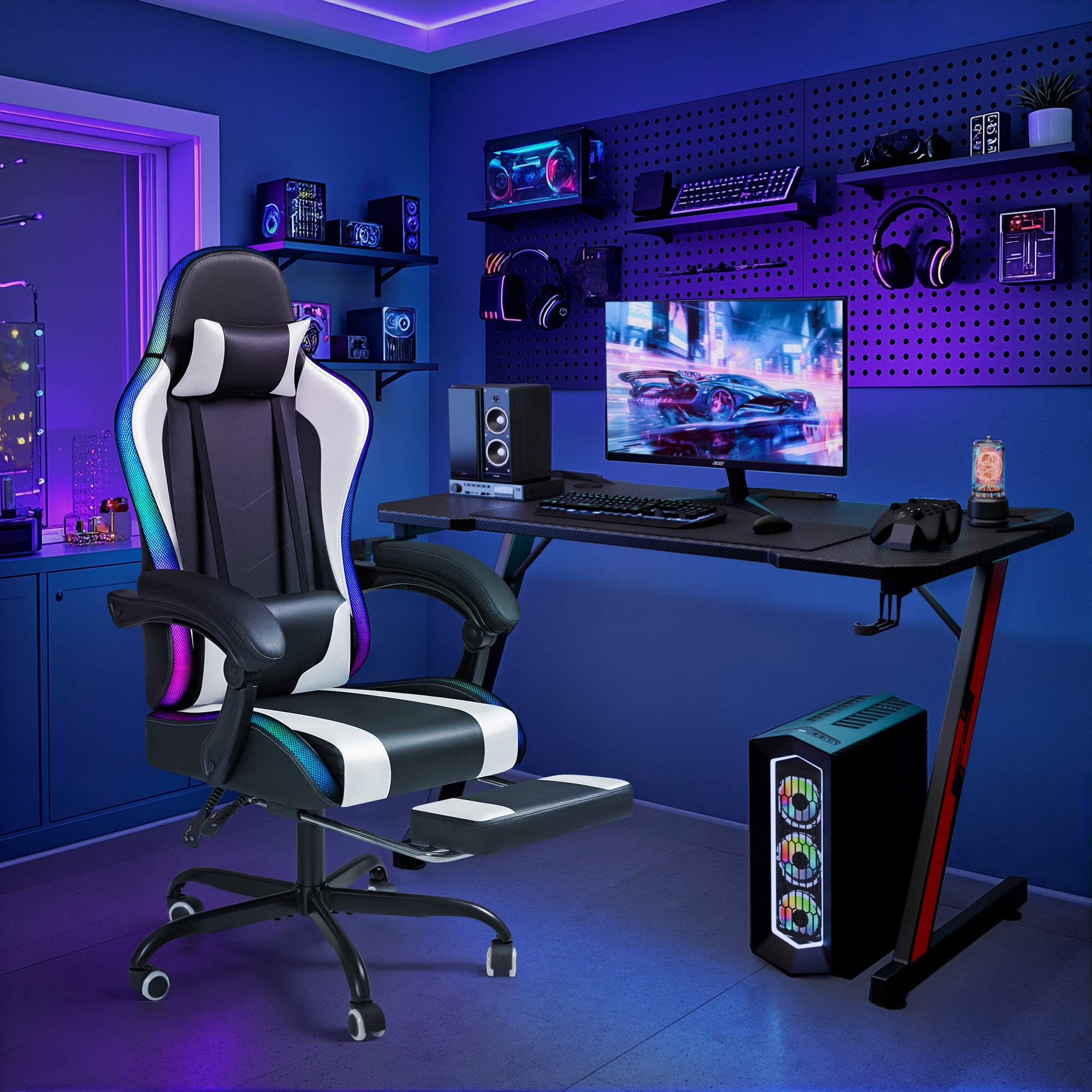 Homall RGB Gaming Chair with APP & Remote Control, LED Lights Ergonomic Computer Chair with Footrest & Massage Lumbar Support, White