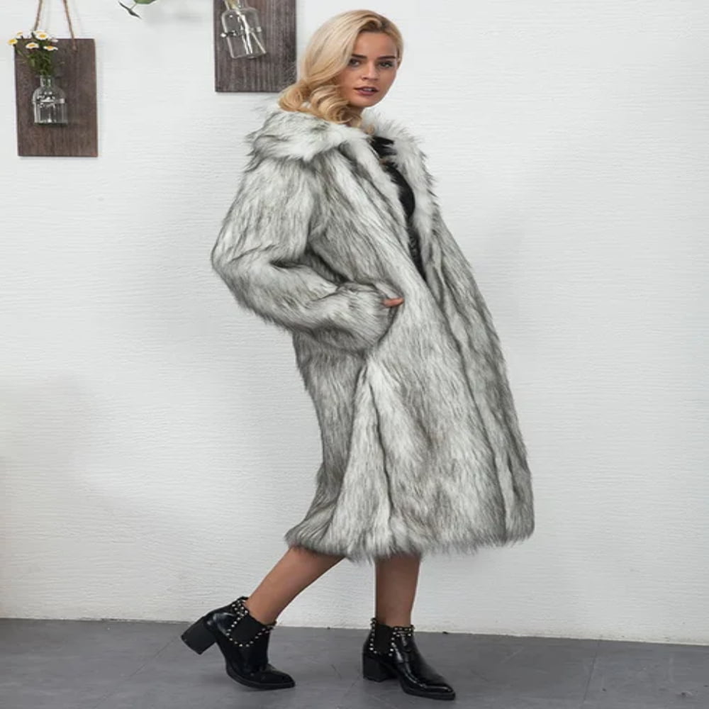 LNGOOR Winter Women Faux Fox Fur Long Coat Thick Full Sleeve