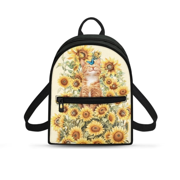 Eheartsgir Sunflower Cat Small Backpack with Zipper Zipper Closure Mini Backpack for Outdoor, Polyester Ladies Backpack Purse for Work