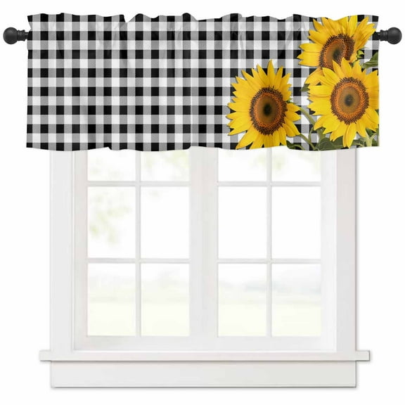 Rod Pocket Window Valances Farmhouse Sunflower Flower Leaves Short Kitchen Curtains Black White Check Window Treatment Drapes for Bedroom Bathroom Living Room 54x18In,1 Panel