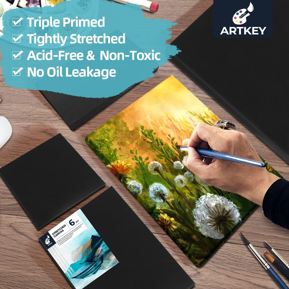 Artkey Black Canvas, 12X12" Stretched Canvases for Painting, 100% Cotton Black Canvas for Kids Adult Paint, 6-Pack
