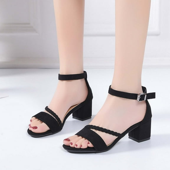 CQONEPT Heel Sandals for Women Open Toe Low Chunky Short Heels Ankle Strap Block Heel Sandals Party Dress Wedding Pump Shoes Size 6 Black