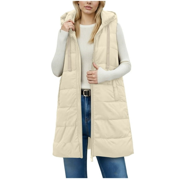 HAiming Women Puffy Padded Hooded Vest Zip up Sleeveless Casual Lightweight Long Jacket Side Button with Pockets