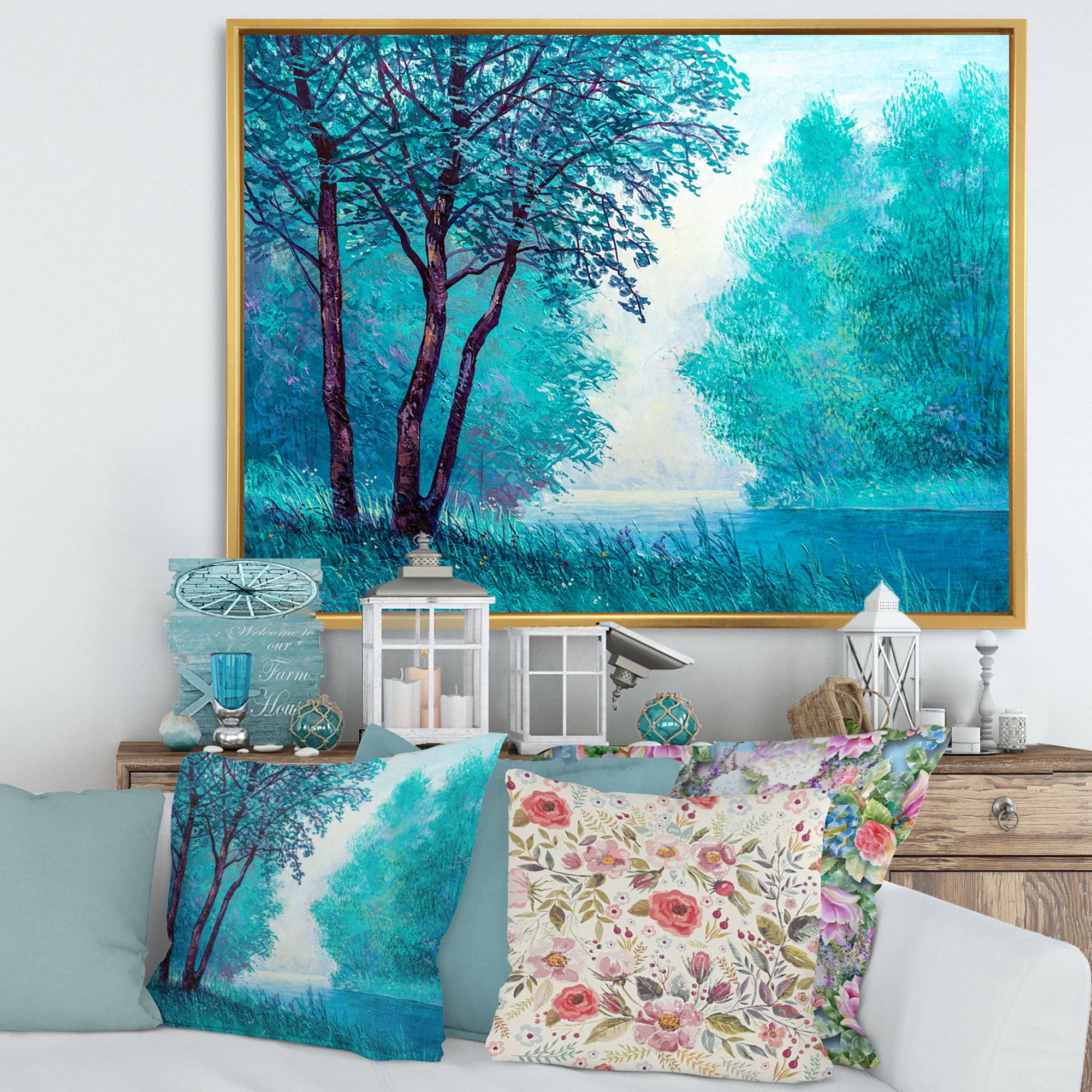 Blue Coloured Tree Impression By Riverside 32 in x 16 in Framed Painting Canvas Art Print, by Designart