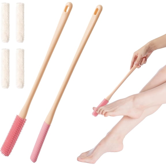 Shower Foot Scrubber Brush,Foot Scrubber in Shower,15" Toe Cleaning Brush with 4 Reusable Drying Covers,Long Handle Bristles Lotion Applicator,No Bending Down Skin Exfoliation Foot Scrub Brushes