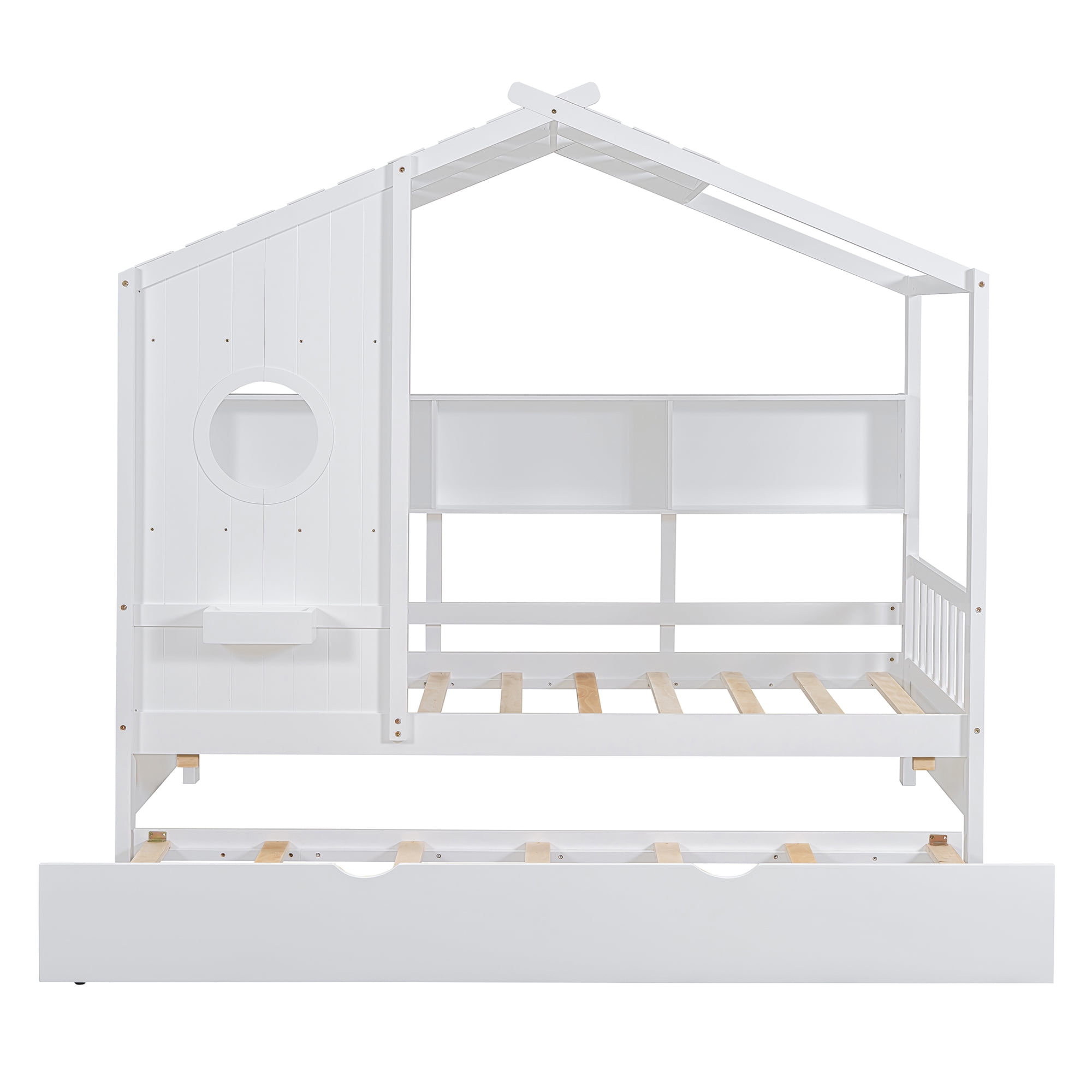 Kumix Platform Bed with Trundle, Wooden Twin Size Platform Bed Modern Design with Storage Shelf, House Roof and Window with Storage Box, No Box Spring Needed, Easy Assembly, White