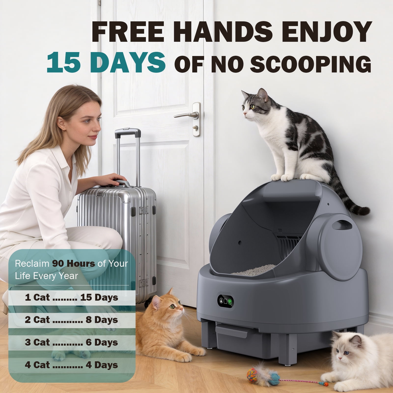 Self-Cleaning Litter Box Automatic Open-Top Cat Litter Box with App & Safety Features – Includes Litter Liners & Mat – Light Grey