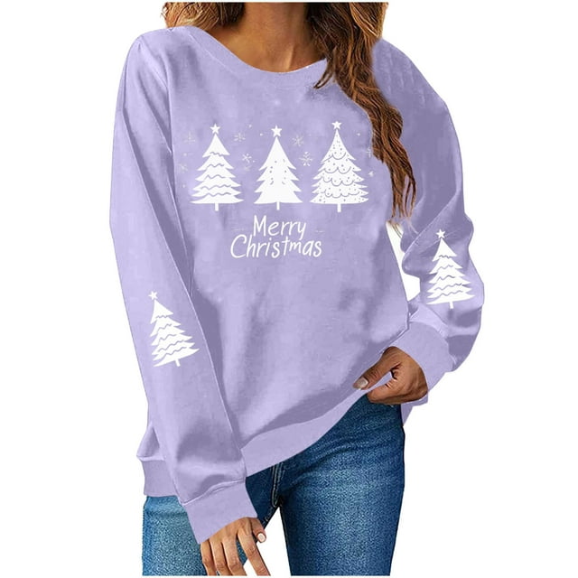 biudgviw Chandail en Molleton de Noël pour Femmes Imprimé Manches Longues Chandail Léger Décontracté Col Rond Tenues de Fête