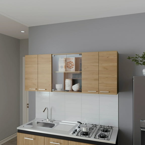 Living Room Cabinets Natural Oak Wall Cabinet Kitchen in Melamine with 4-Door and Glass Storage,Primary Living Space Cabinets