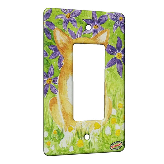 KuzmarK™ 1 Gang Rocker Wall Plate - Welsh Corgi with Purple Clematis Dog Art by Denise Every