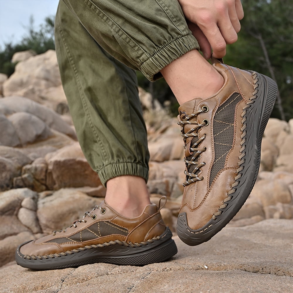Mens Casual Leather Shoes Outdoor Hiking Work Shoes Breathable Lightweight Sneakers Comfortable Lace-up Driving Shoes Brown 6.5 US