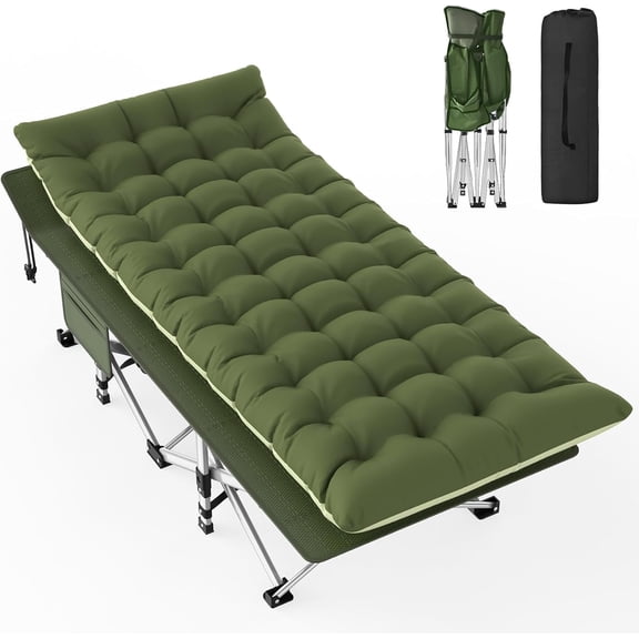 PNKKODW XL Folding Camping Cot Extra Wide 28" 500lbs No Set Up, with Mattress for Adults Carry Bag, Portable Bed Cot for Tent, Office Home Nap, Outdoor, Green Cot Green Pad