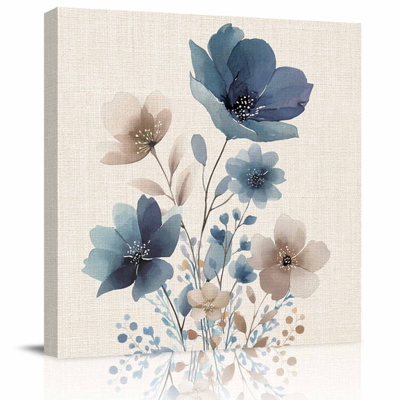 Wall Art Prints, Navy Blue Floral Framed Canvas Prints for Bedroom Living Room Bathroom Office, Watercolor Flowers Farmhouse Linen Gallery Wrap Wall Art Poster for Gifts Home Decor 12"x12"