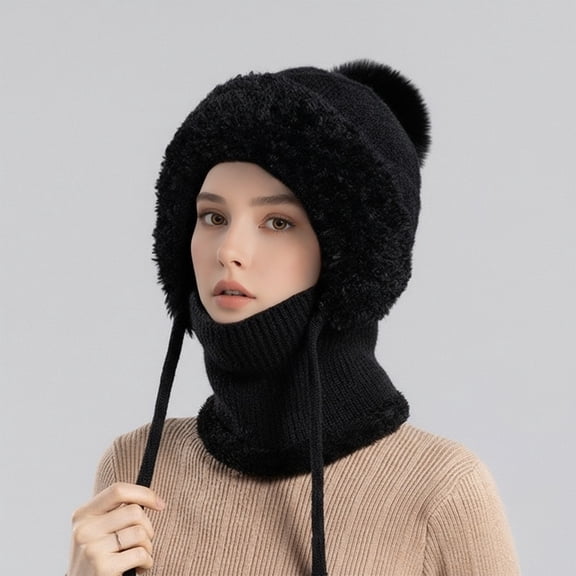 3 in 1 Beanie Hat for Women, Womens Balaclava Winter, Cold Knitted Hats Wind Resistant Hooded Scarf, Thick Plush-Lined Black One Size