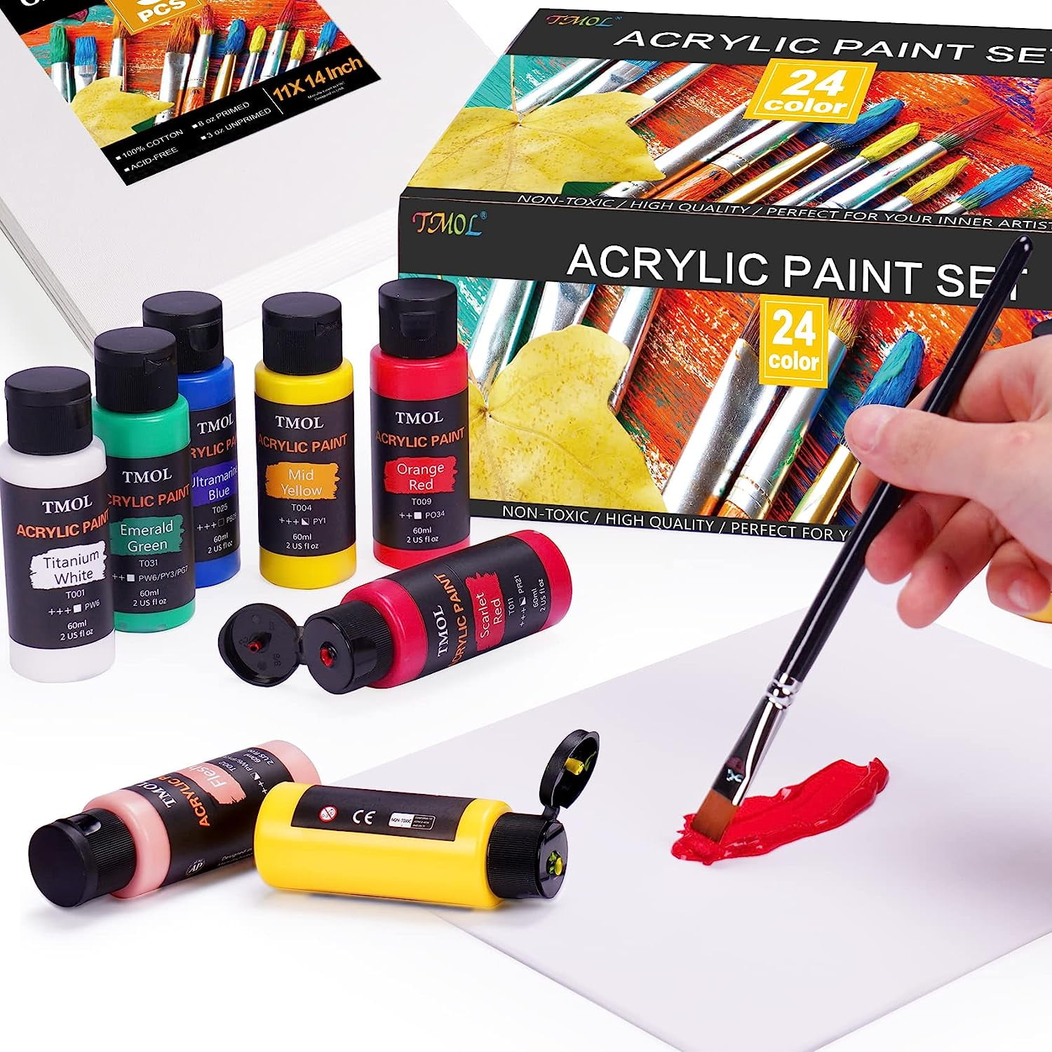 12/24 Colors Acrylic Paint & 10 Pcs Paint Brush Artist Painting For Canvas  Wood
